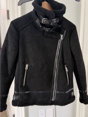 Zara Black Faux-Shearling Buckle Moto Jacket